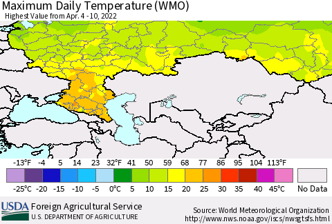 Russian Federation Maximum Daily Temperature (WMO) Thematic Map For 4/4/2022 - 4/10/2022