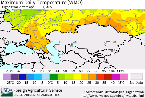 Russian Federation Maximum Daily Temperature (WMO) Thematic Map For 4/11/2022 - 4/17/2022