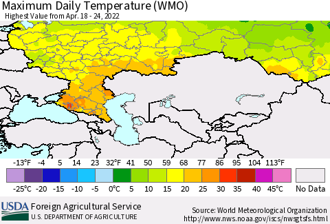 Russian Federation Maximum Daily Temperature (WMO) Thematic Map For 4/18/2022 - 4/24/2022