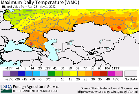 Russian Federation Maximum Daily Temperature (WMO) Thematic Map For 4/25/2022 - 5/1/2022