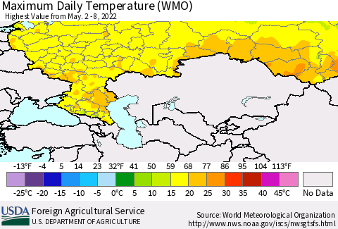 Russian Federation Maximum Daily Temperature (WMO) Thematic Map For 5/2/2022 - 5/8/2022