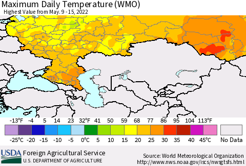 Russian Federation Maximum Daily Temperature (WMO) Thematic Map For 5/9/2022 - 5/15/2022