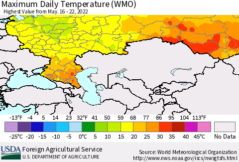 Russian Federation Maximum Daily Temperature (WMO) Thematic Map For 5/16/2022 - 5/22/2022