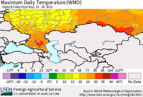 Russian Federation Maximum Daily Temperature (WMO) Thematic Map For 5/23/2022 - 5/29/2022