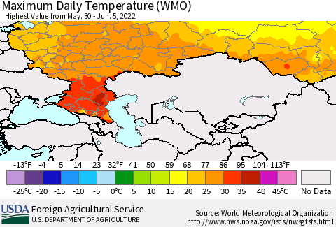 Russian Federation Maximum Daily Temperature (WMO) Thematic Map For 5/30/2022 - 6/5/2022