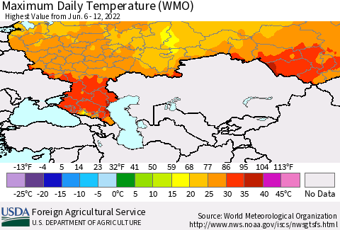 Russian Federation Maximum Daily Temperature (WMO) Thematic Map For 6/6/2022 - 6/12/2022