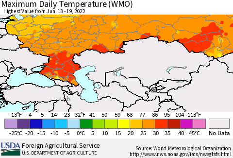 Russian Federation Maximum Daily Temperature (WMO) Thematic Map For 6/13/2022 - 6/19/2022