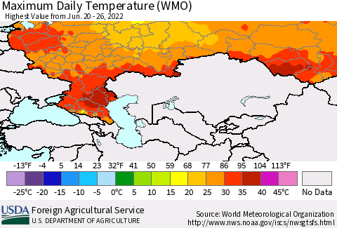 Russian Federation Maximum Daily Temperature (WMO) Thematic Map For 6/20/2022 - 6/26/2022