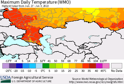 Russian Federation Maximum Daily Temperature (WMO) Thematic Map For 6/27/2022 - 7/3/2022