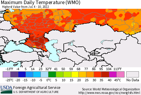 Russian Federation Maximum Daily Temperature (WMO) Thematic Map For 7/4/2022 - 7/10/2022