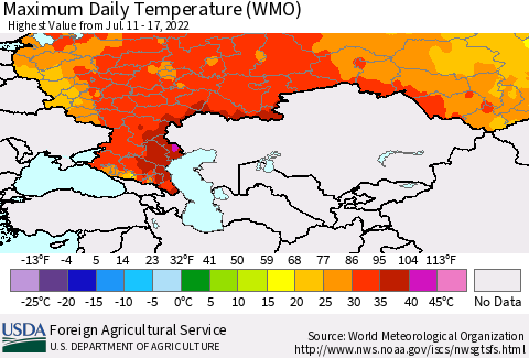 Russian Federation Maximum Daily Temperature (WMO) Thematic Map For 7/11/2022 - 7/17/2022