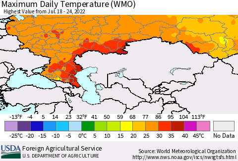 Russian Federation Maximum Daily Temperature (WMO) Thematic Map For 7/18/2022 - 7/24/2022