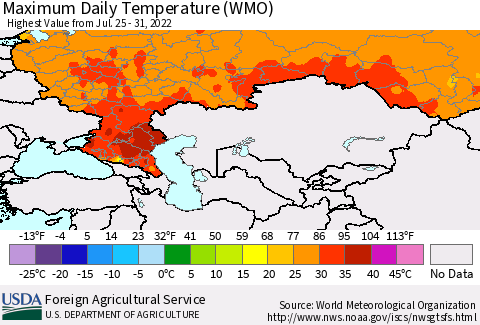 Russian Federation Maximum Daily Temperature (WMO) Thematic Map For 7/25/2022 - 7/31/2022