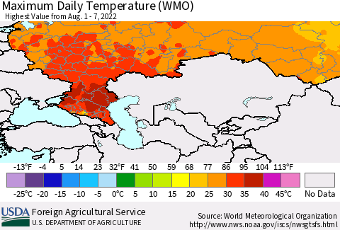 Russian Federation Maximum Daily Temperature (WMO) Thematic Map For 8/1/2022 - 8/7/2022