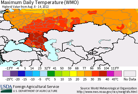 Russian Federation Maximum Daily Temperature (WMO) Thematic Map For 8/8/2022 - 8/14/2022
