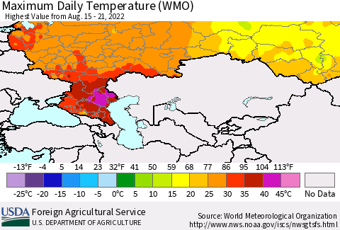 Russian Federation Maximum Daily Temperature (WMO) Thematic Map For 8/15/2022 - 8/21/2022
