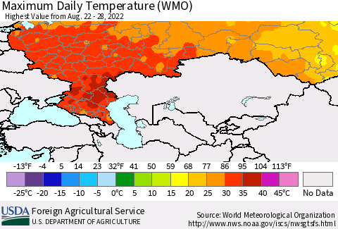 Russian Federation Maximum Daily Temperature (WMO) Thematic Map For 8/22/2022 - 8/28/2022