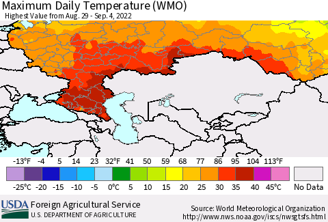 Russian Federation Maximum Daily Temperature (WMO) Thematic Map For 8/29/2022 - 9/4/2022