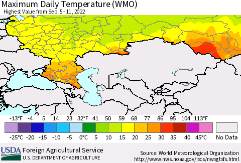 Russian Federation Maximum Daily Temperature (WMO) Thematic Map For 9/5/2022 - 9/11/2022