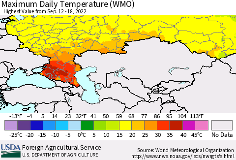 Russian Federation Maximum Daily Temperature (WMO) Thematic Map For 9/12/2022 - 9/18/2022