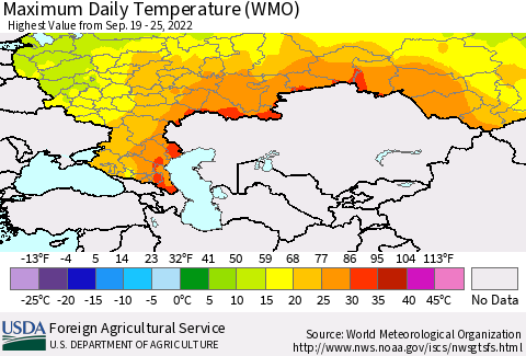 Russian Federation Maximum Daily Temperature (WMO) Thematic Map For 9/19/2022 - 9/25/2022