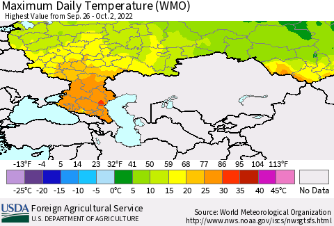 Russian Federation Maximum Daily Temperature (WMO) Thematic Map For 9/26/2022 - 10/2/2022