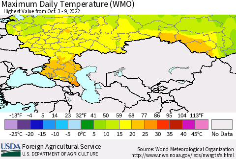 Russian Federation Maximum Daily Temperature (WMO) Thematic Map For 10/3/2022 - 10/9/2022