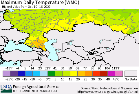 Russian Federation Maximum Daily Temperature (WMO) Thematic Map For 10/10/2022 - 10/16/2022