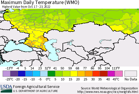 Russian Federation Maximum Daily Temperature (WMO) Thematic Map For 10/17/2022 - 10/23/2022