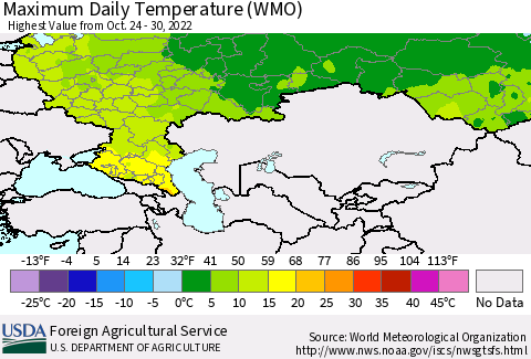 Russian Federation Maximum Daily Temperature (WMO) Thematic Map For 10/24/2022 - 10/30/2022