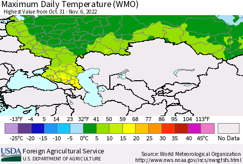 Russian Federation Maximum Daily Temperature (WMO) Thematic Map For 10/31/2022 - 11/6/2022