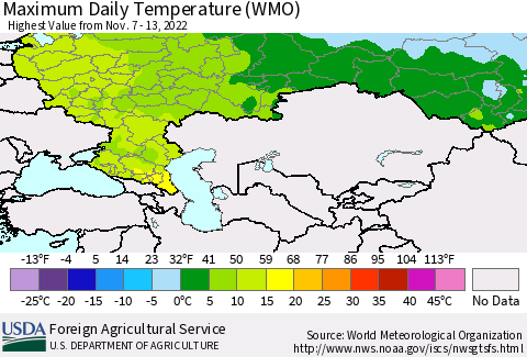 Russian Federation Maximum Daily Temperature (WMO) Thematic Map For 11/7/2022 - 11/13/2022