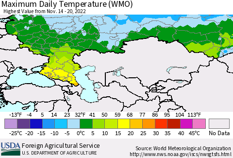 Russian Federation Maximum Daily Temperature (WMO) Thematic Map For 11/14/2022 - 11/20/2022