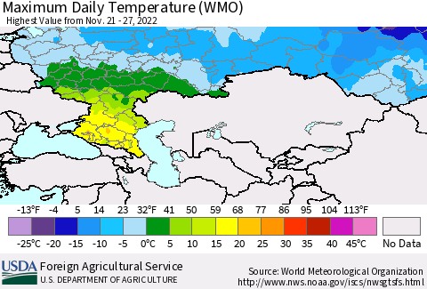 Russian Federation Maximum Daily Temperature (WMO) Thematic Map For 11/21/2022 - 11/27/2022