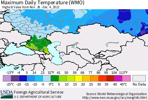Russian Federation Maximum Daily Temperature (WMO) Thematic Map For 11/28/2022 - 12/4/2022