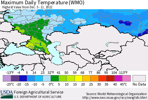 Russian Federation Maximum Daily Temperature (WMO) Thematic Map For 12/5/2022 - 12/11/2022