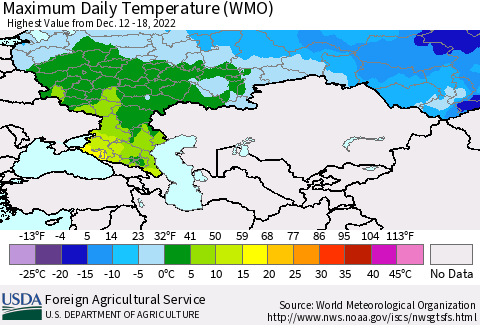 Russian Federation Maximum Daily Temperature (WMO) Thematic Map For 12/12/2022 - 12/18/2022