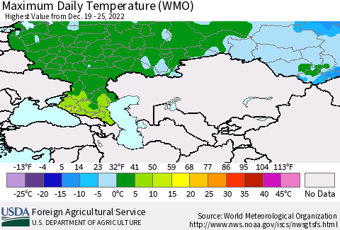 Russian Federation Maximum Daily Temperature (WMO) Thematic Map For 12/19/2022 - 12/25/2022