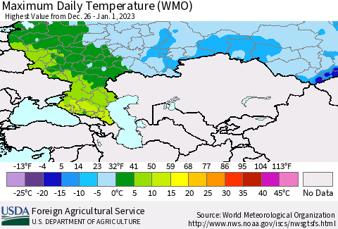 Russian Federation Maximum Daily Temperature (WMO) Thematic Map For 12/26/2022 - 1/1/2023