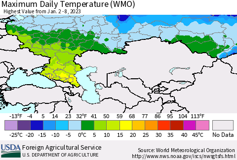 Russian Federation Maximum Daily Temperature (WMO) Thematic Map For 1/2/2023 - 1/8/2023