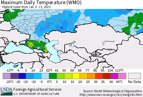 Russian Federation Maximum Daily Temperature (WMO) Thematic Map For 1/9/2023 - 1/15/2023