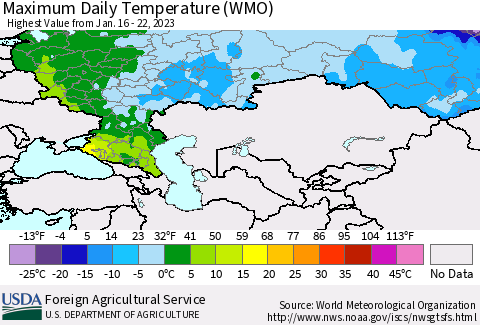 Russian Federation Maximum Daily Temperature (WMO) Thematic Map For 1/16/2023 - 1/22/2023
