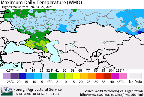 Russian Federation Maximum Daily Temperature (WMO) Thematic Map For 1/23/2023 - 1/29/2023