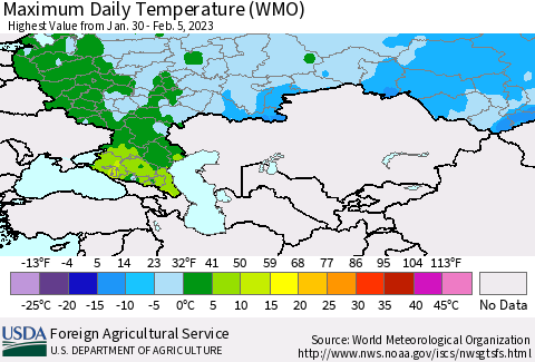 Russian Federation Maximum Daily Temperature (WMO) Thematic Map For 1/30/2023 - 2/5/2023