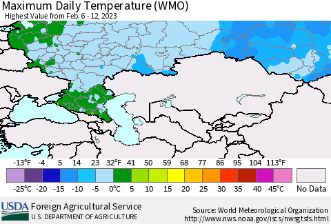 Russian Federation Maximum Daily Temperature (WMO) Thematic Map For 2/6/2023 - 2/12/2023