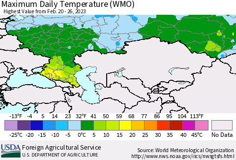Russian Federation Maximum Daily Temperature (WMO) Thematic Map For 2/20/2023 - 2/26/2023