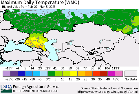 Russian Federation Maximum Daily Temperature (WMO) Thematic Map For 2/27/2023 - 3/5/2023