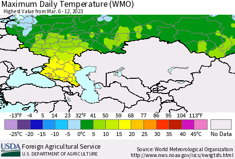 Russian Federation Maximum Daily Temperature (WMO) Thematic Map For 3/6/2023 - 3/12/2023