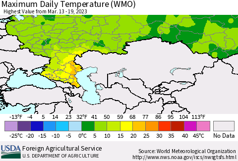 Russian Federation Maximum Daily Temperature (WMO) Thematic Map For 3/13/2023 - 3/19/2023