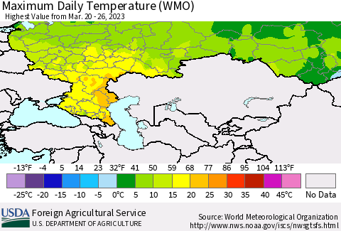 Russian Federation Maximum Daily Temperature (WMO) Thematic Map For 3/20/2023 - 3/26/2023